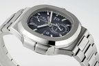 Stainless steel wristwatch with black dial and subdials, angled view with bracelet
