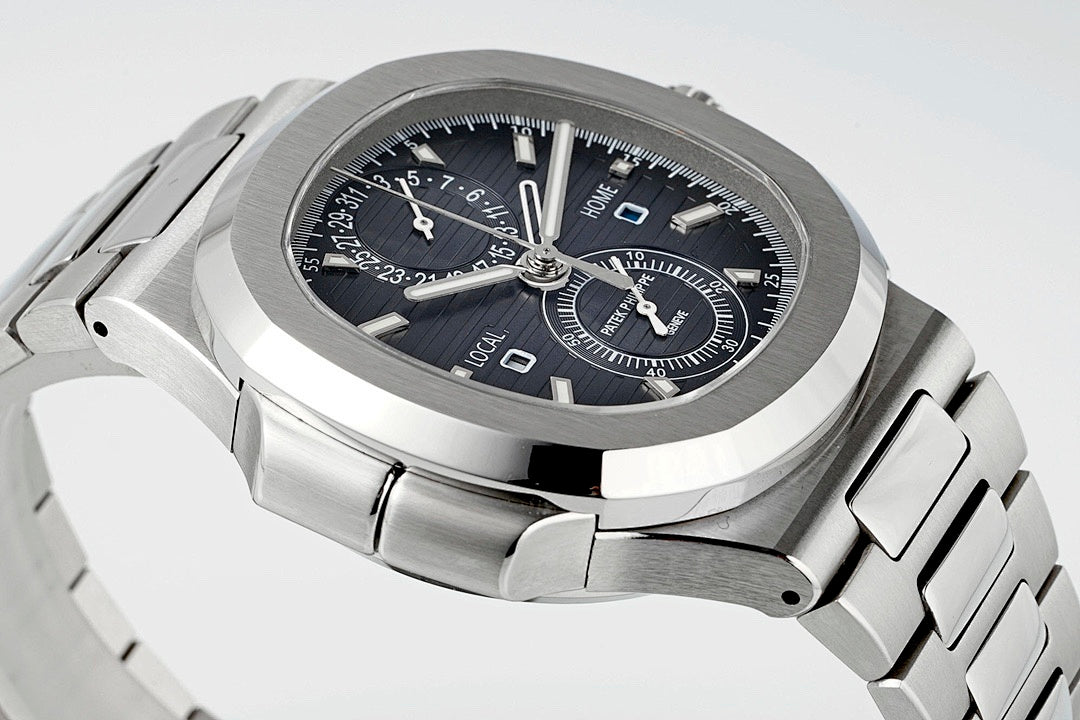 Stainless steel wristwatch with black dial and subdials, angled view with bracelet