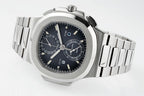 Stainless steel wristwatch with black dial, integrated bracelet, hour markers and subdials