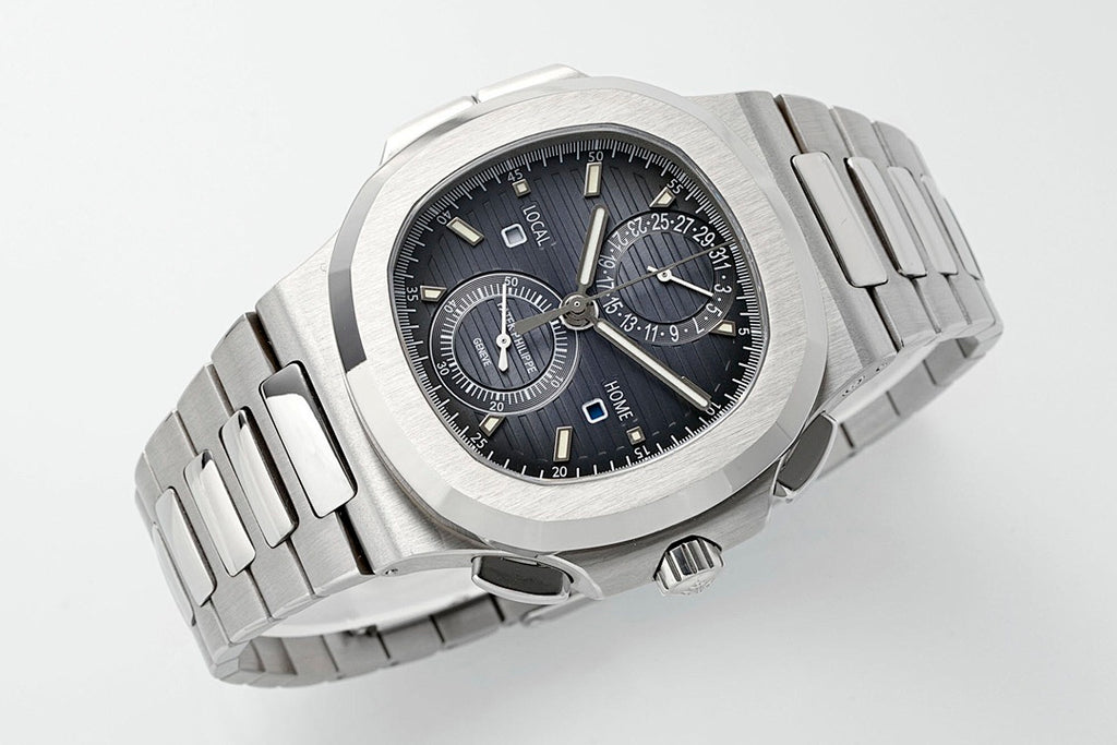 Stainless steel wristwatch with black dial, crown side view, subdials and date window