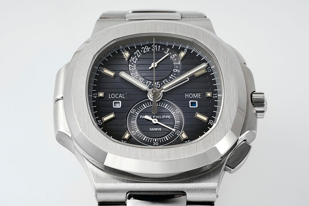 Stainless steel wristwatch front view with black dial, LOCAL/HOME text and Patek Philippe logo