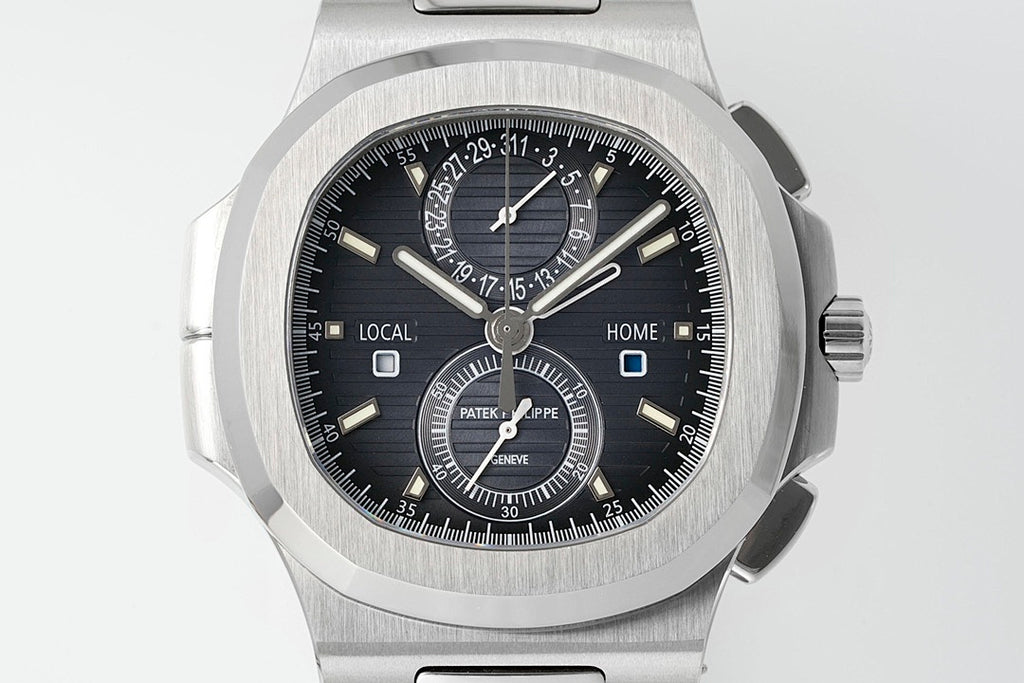 Stainless steel wristwatch front close-up with black dial and Patek Philippe logo