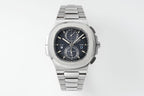 Stainless steel wristwatch with black dial, integrated bracelet, three subdials