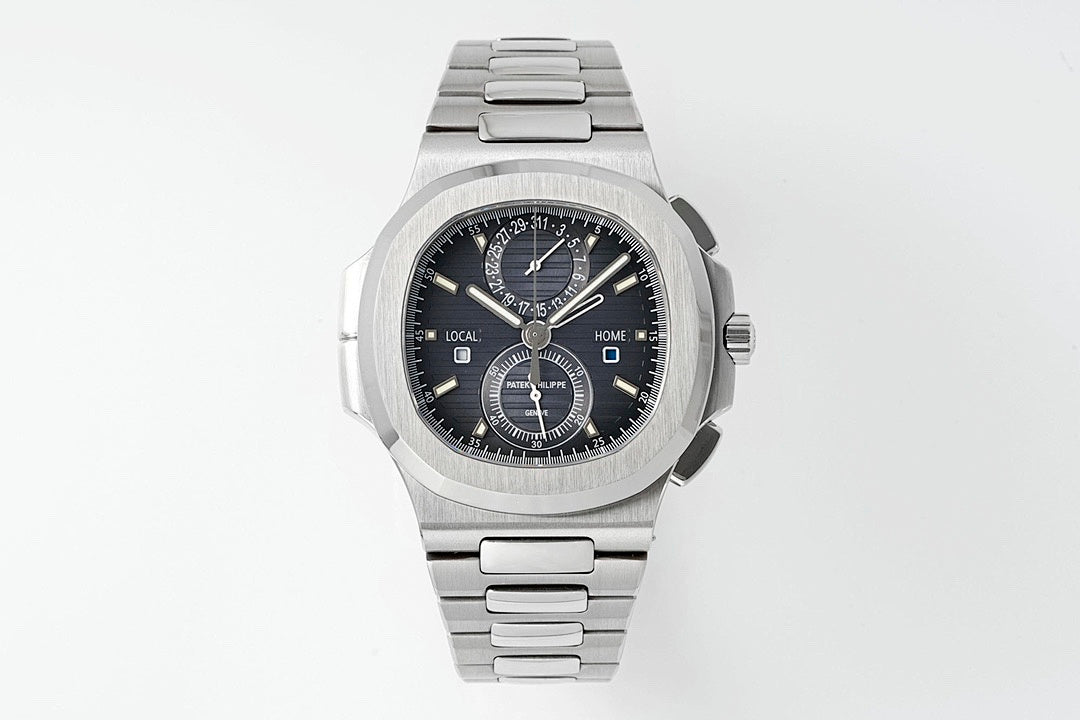Stainless steel wristwatch with black dial, integrated bracelet, three subdials