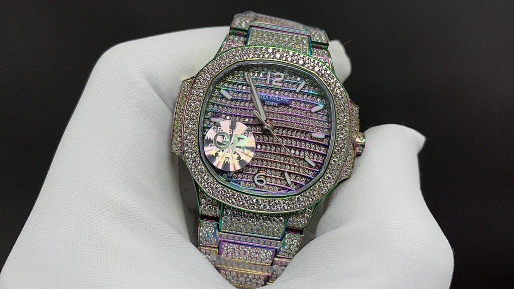 Jeweled wristwatch with iridescent bracelet and textured purple dial with diamond markers