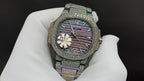 Jeweled wristwatch with iridescent bracelet and textured purple dial with diamond markers