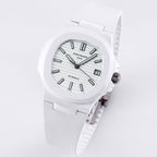 Patek Philippe watch angled view with white dial, dark markers, and date window
