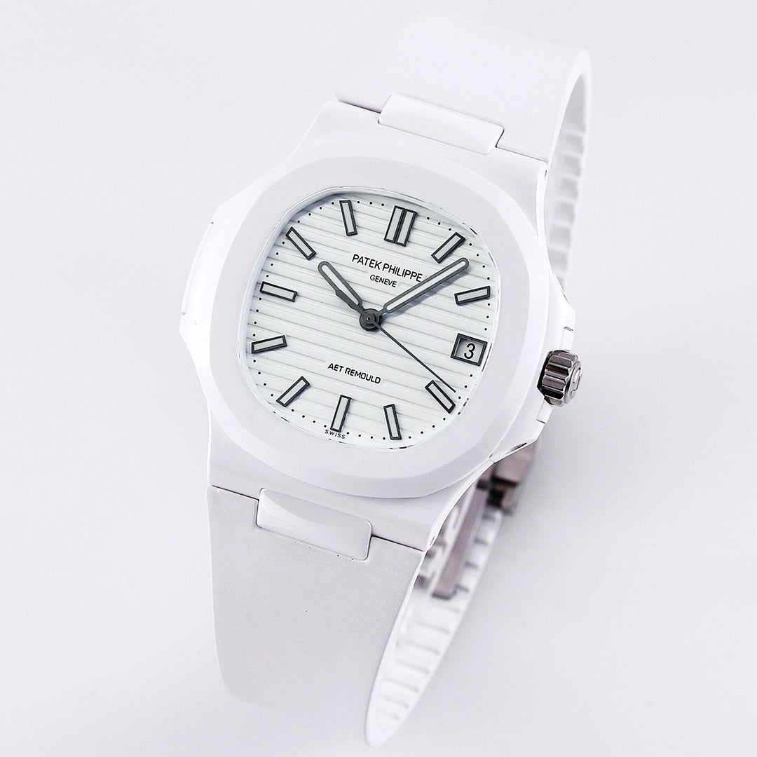 Patek Philippe watch angled view with white dial, dark markers, and date window