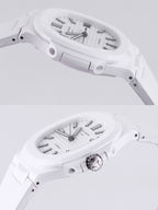 Patek Philippe watch showing top and side views with white dial and bracelet