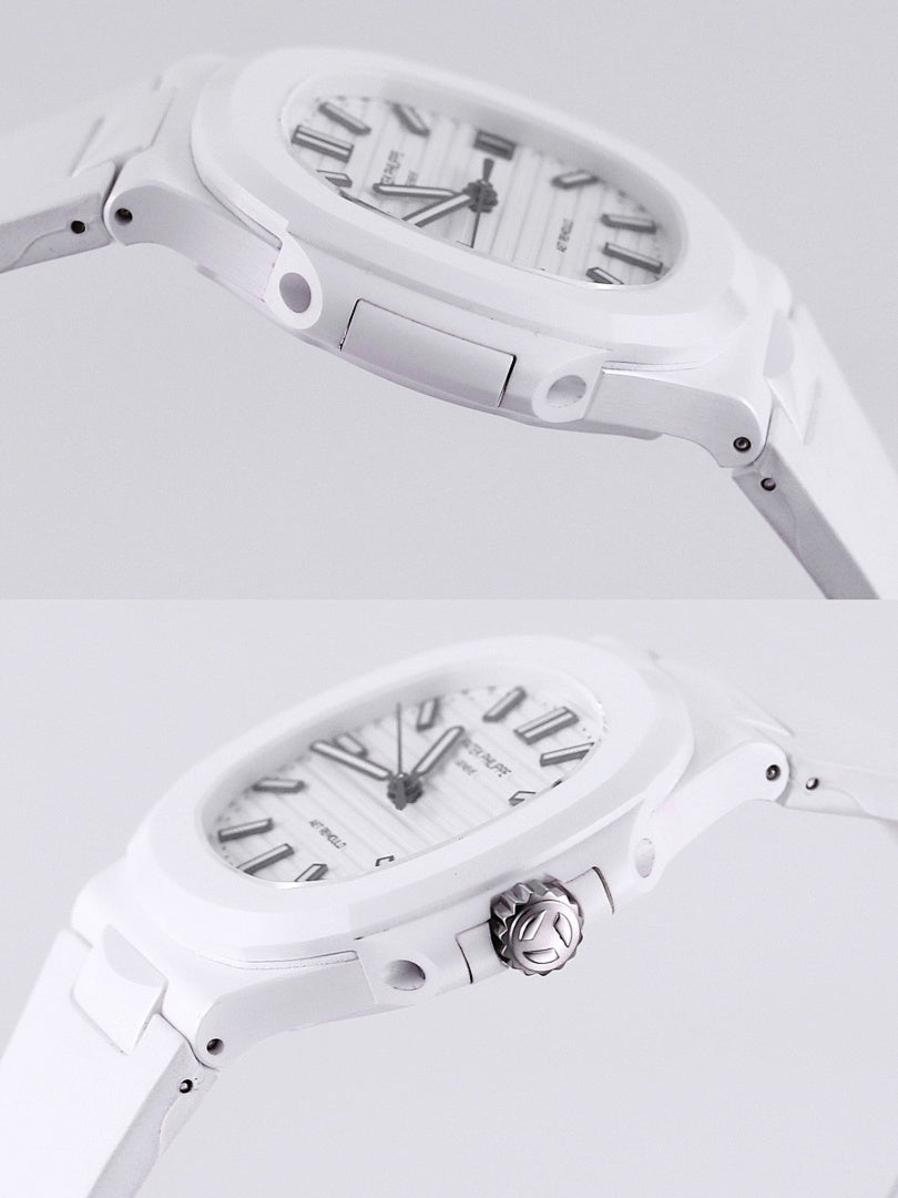 Patek Philippe watch showing top and side views with white dial and bracelet