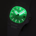 Patek Philippe watch with bright green luminous dial and dark markers