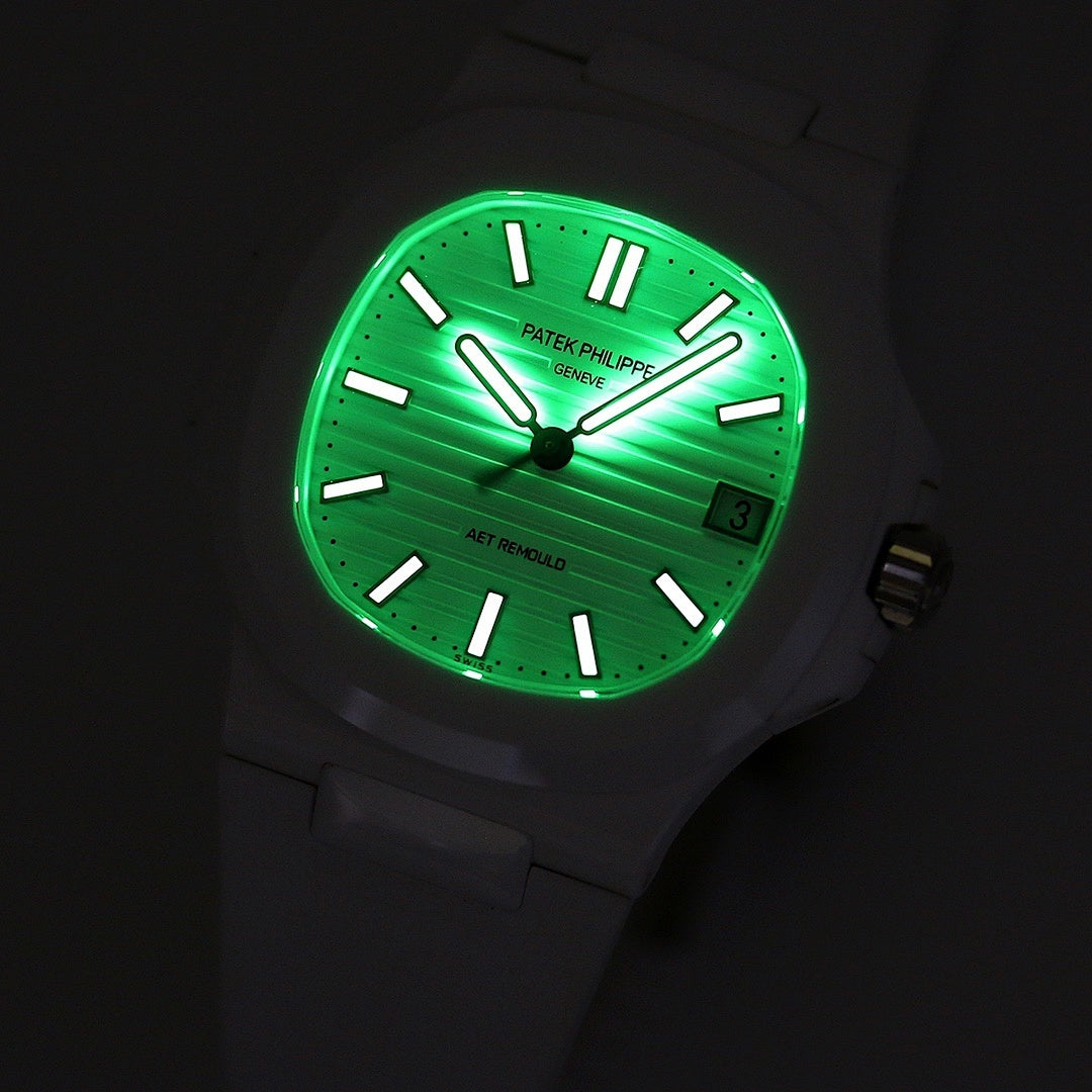 Patek Philippe watch with bright green luminous dial and dark markers