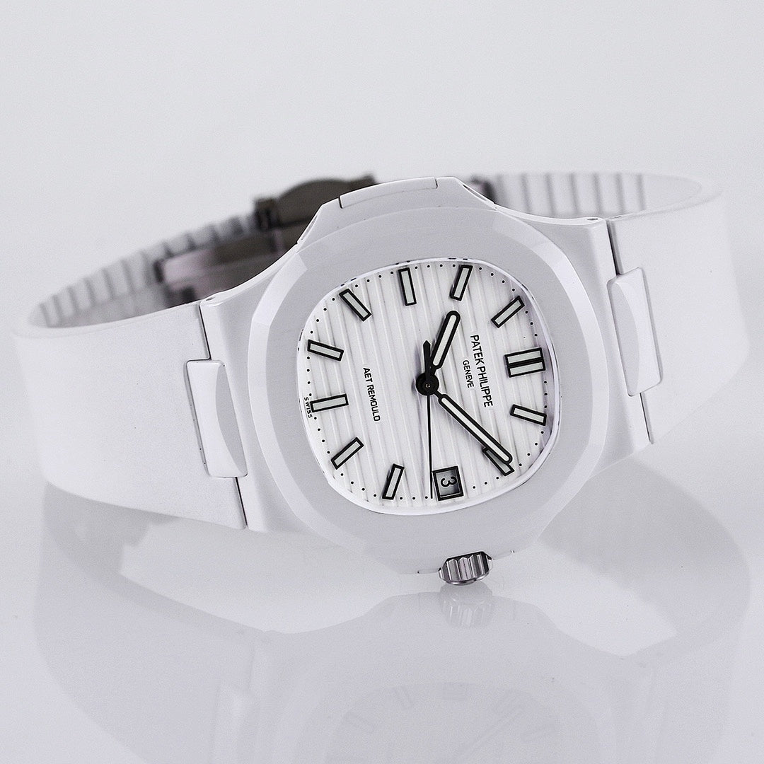 Patek Philippe watch with white dial, dark hour markers, and white strap