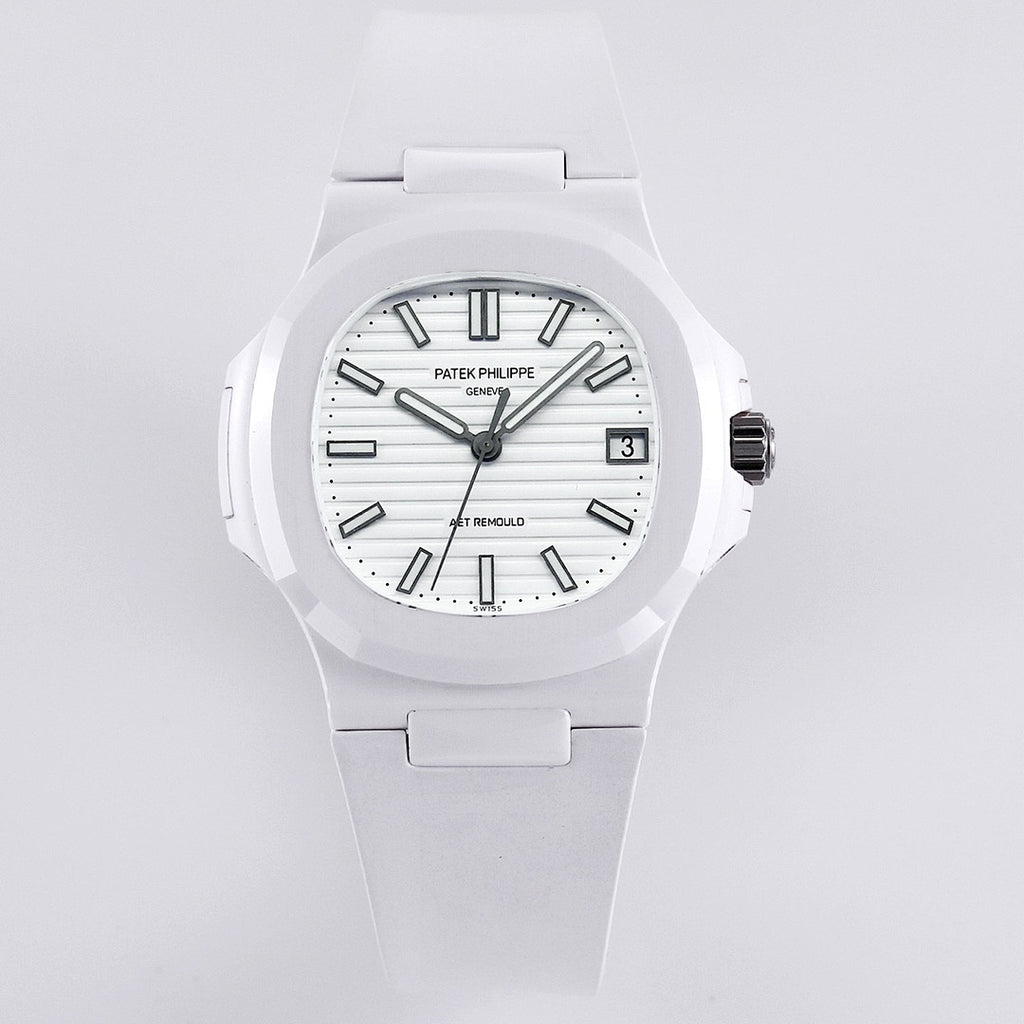 Patek Philippe watch with white dial, dark markers, and white rubber strap