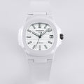 Patek Philippe watch with white dial, dark markers, and white rubber strap