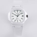 Patek Philippe watch with white dial, dark markers, and white rubber strap