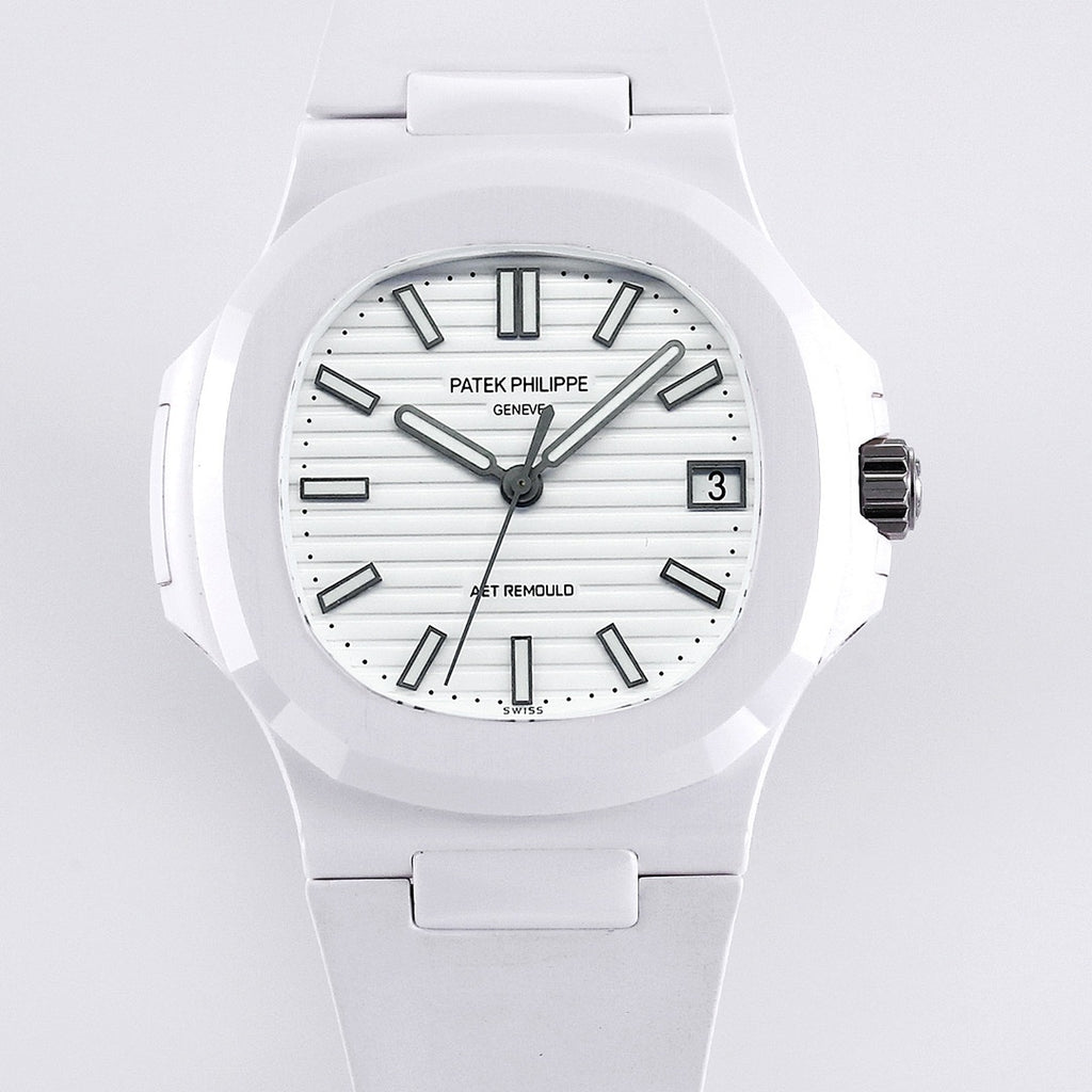 Patek Philippe watch front view with white dial, dark markers, and white rubber strap