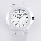 Patek Philippe watch front view with white dial, dark markers, and white rubber strap