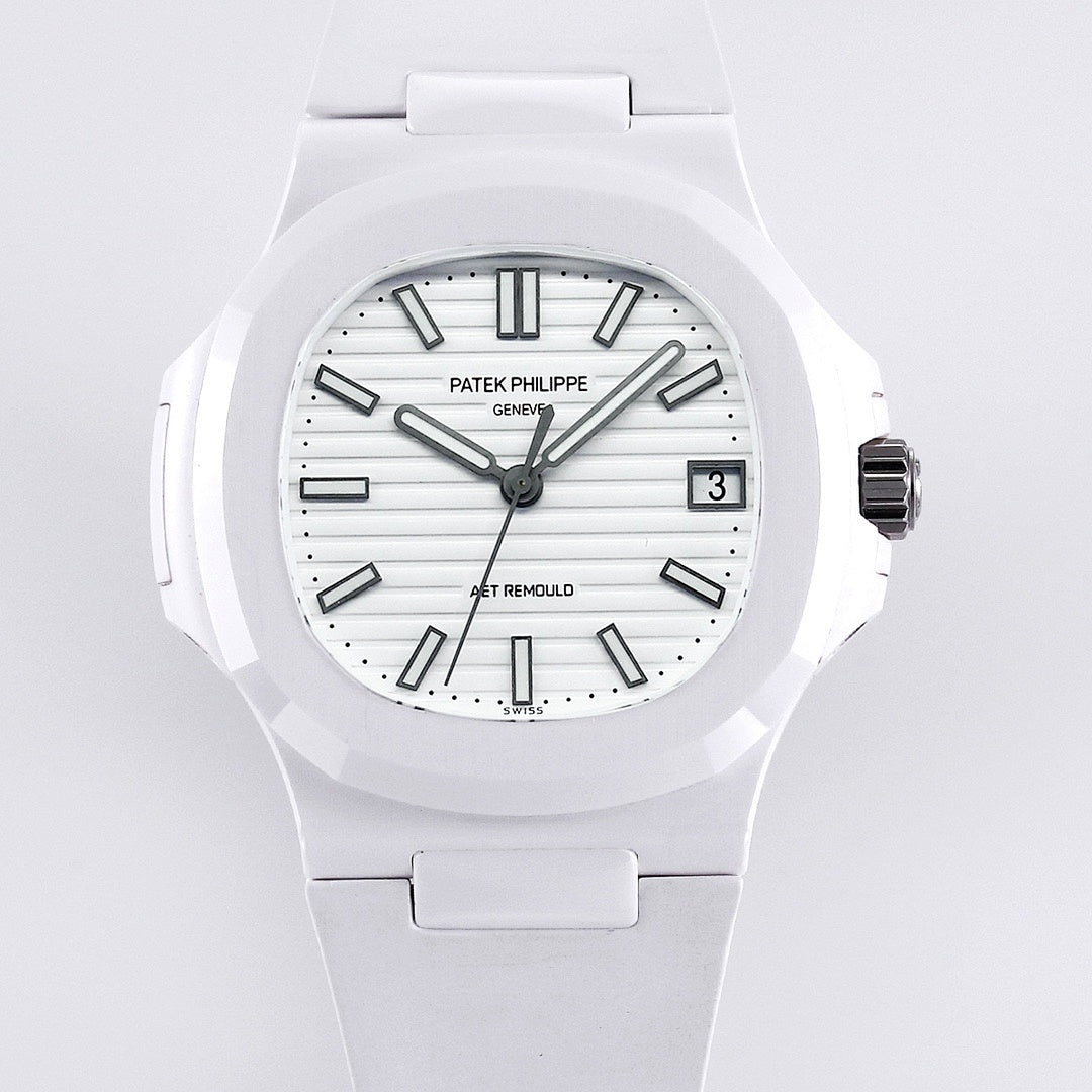 Patek Philippe watch front view with white dial, dark markers, and white rubber strap