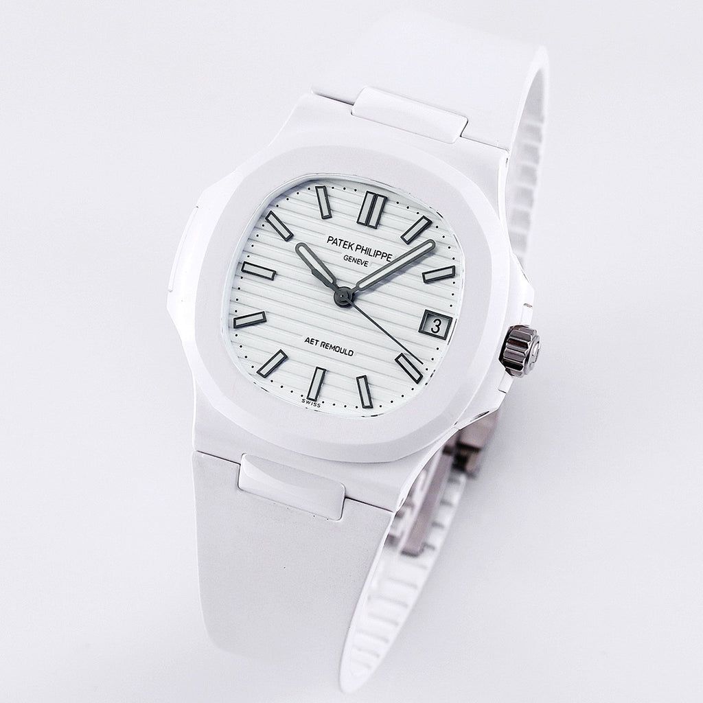 Patek Philippe watch angled view with white dial and dark markers on white strap