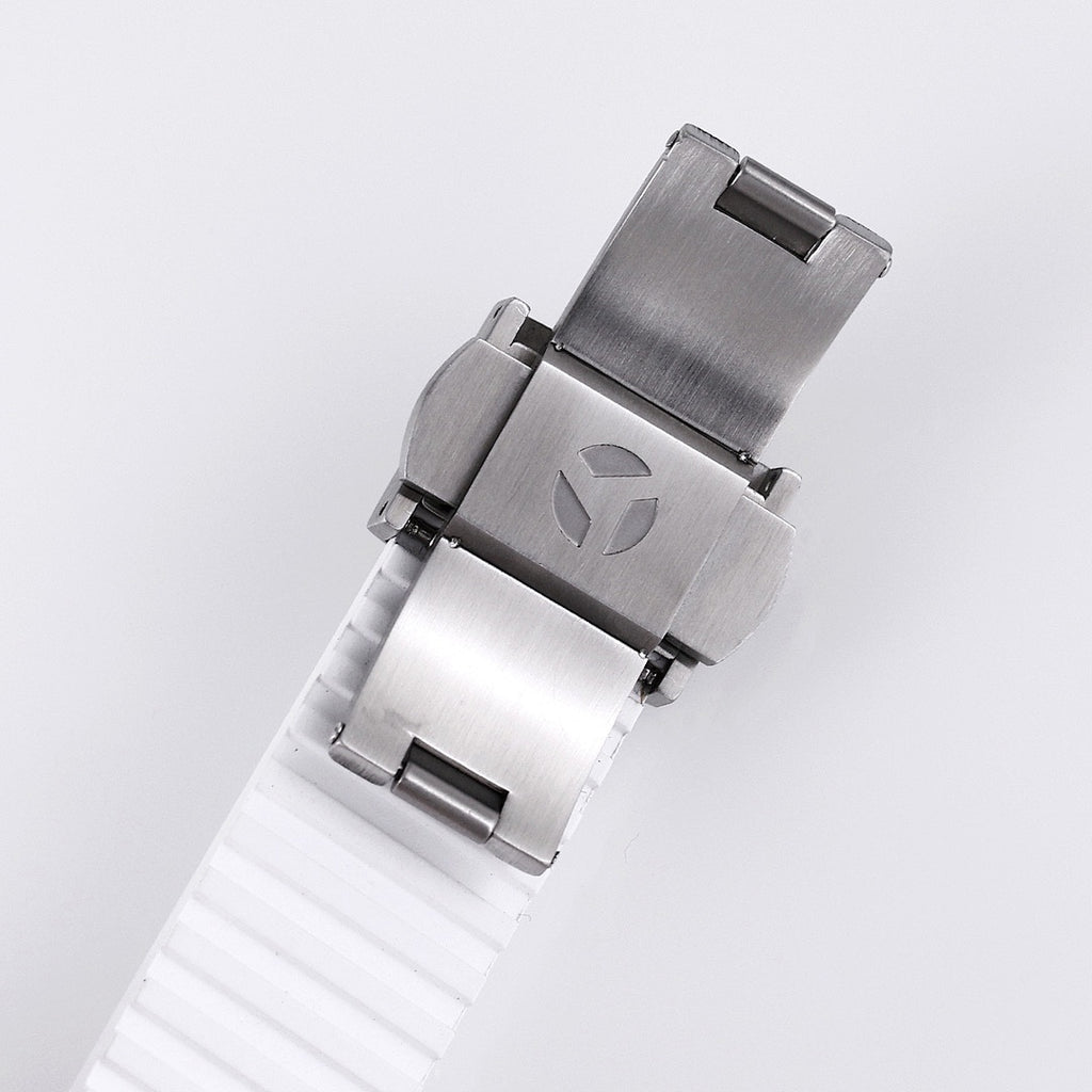White sport watch with brushed silver clasp and metal links