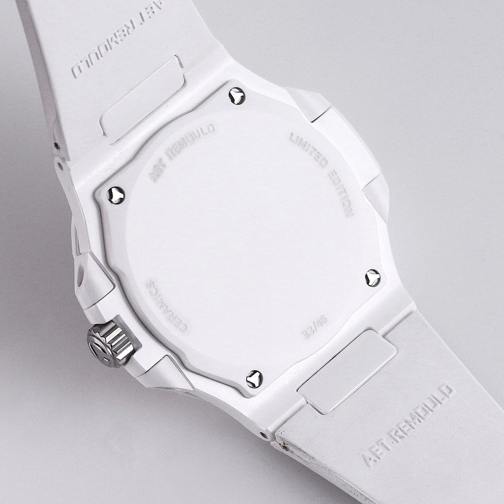 White watch case with textured crown and multiple caseback screws
