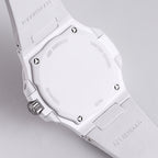 White watch case with textured crown and multiple caseback screws