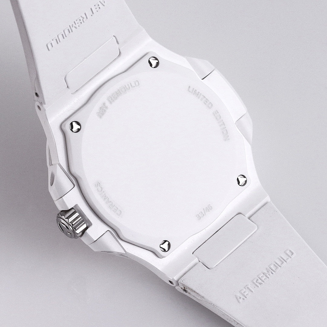White watch case with textured crown and multiple caseback screws