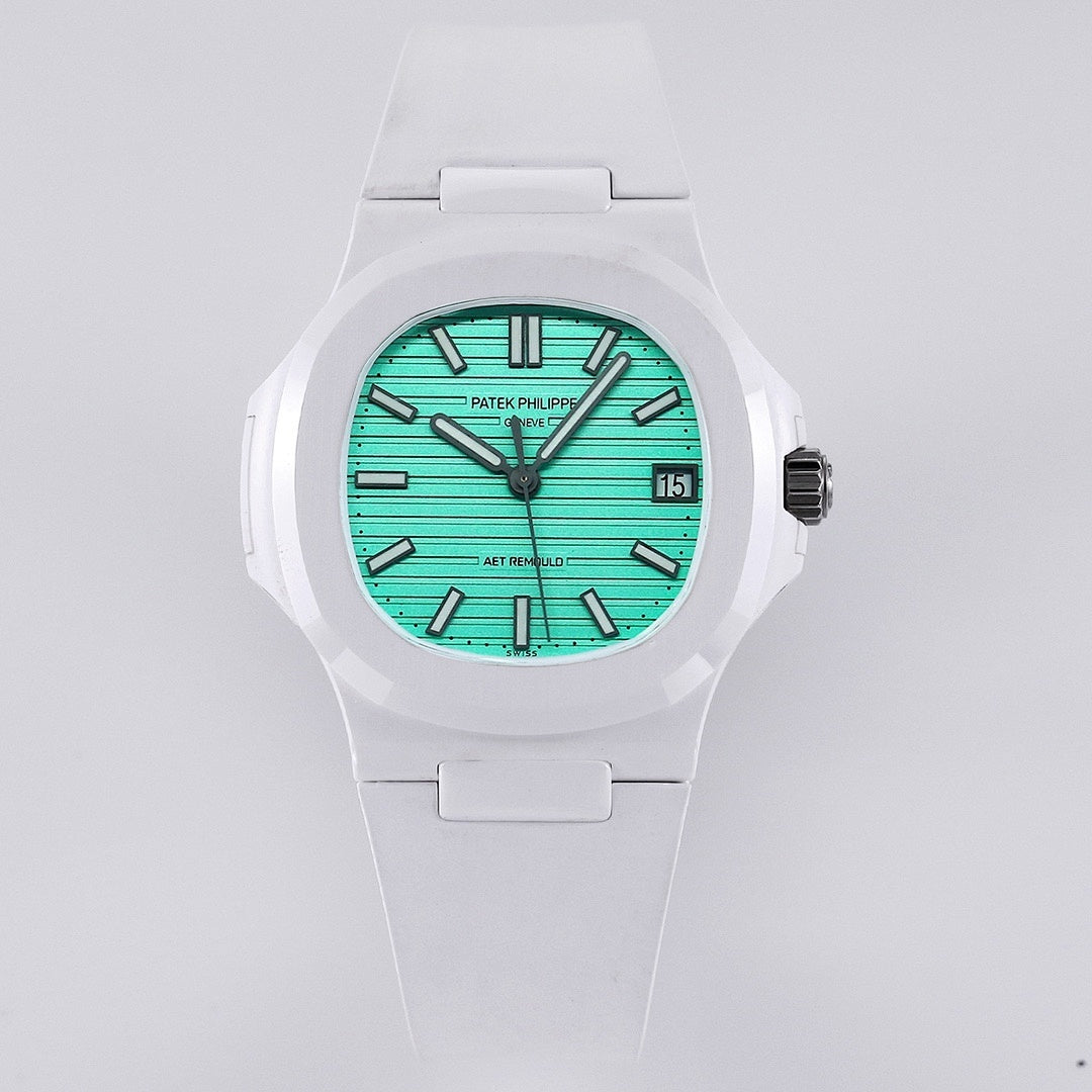 White sport watch with turquoise dial, black hands and hour markers, date window
