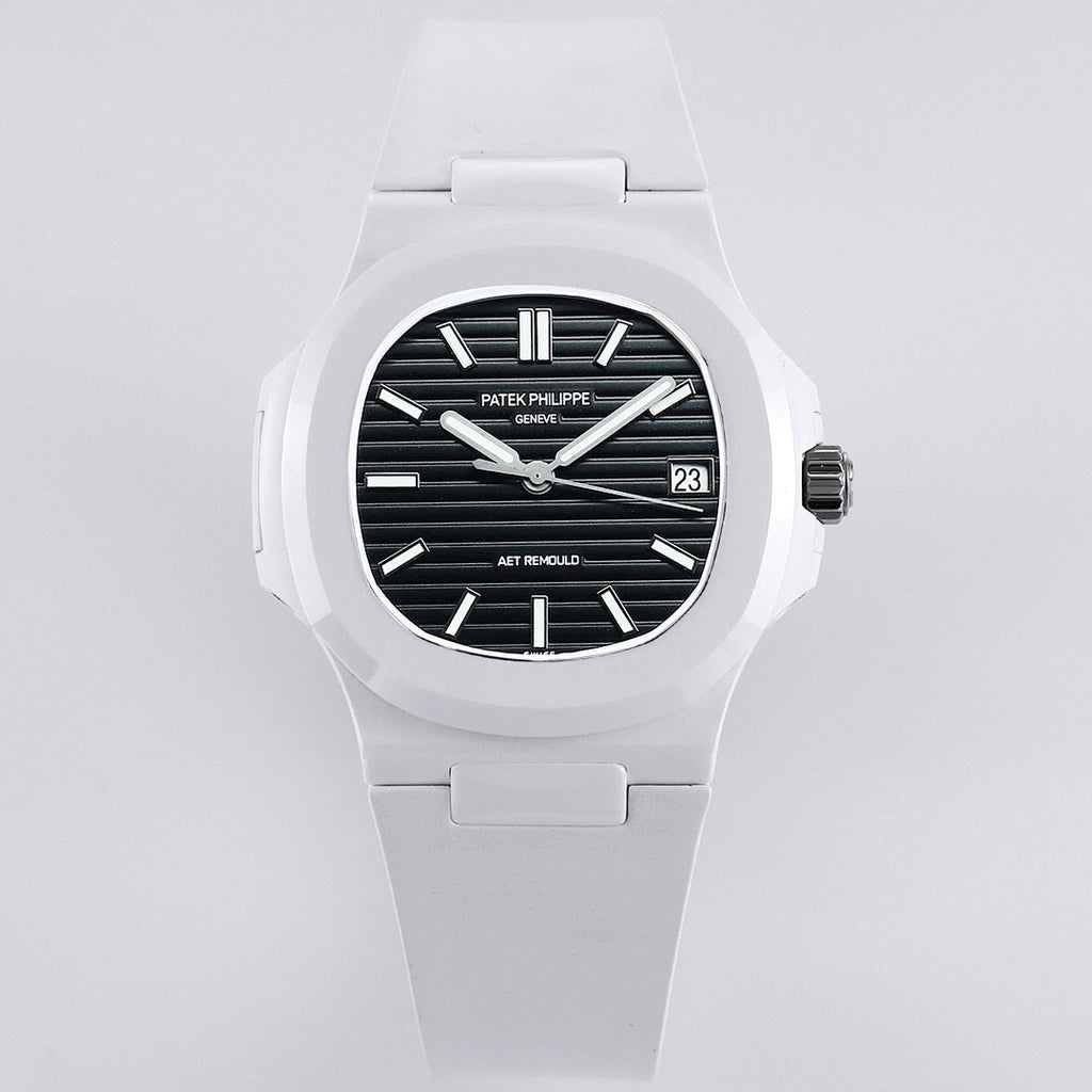 Patek Philippe watch, white rubber strap, black dial, date window at 23.