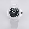 Patek Philippe watch, white rubber strap, black dial, date window at 23.