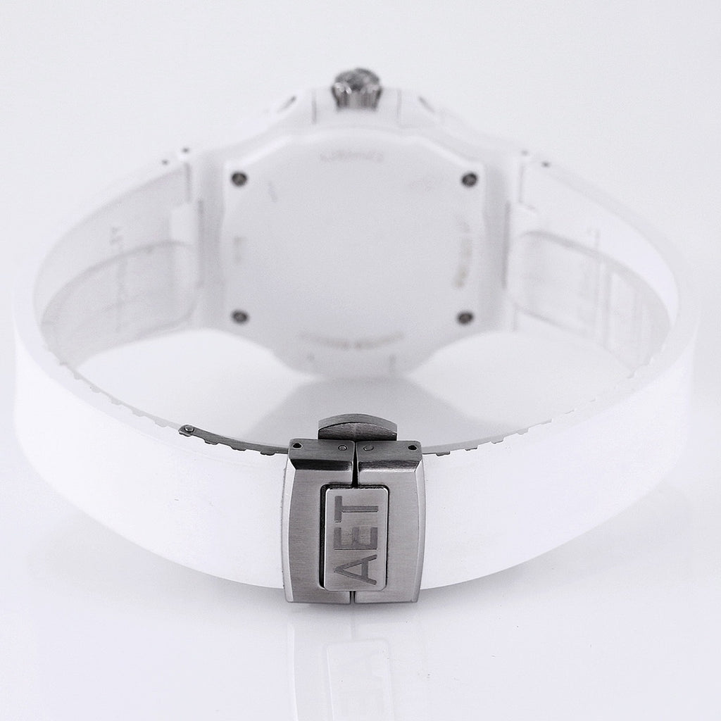 Patek Philippe watch, white rubber strap with metal clasp and caseback view.
