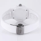 Patek Philippe watch, white rubber strap with metal clasp and caseback view.