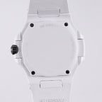 Patek Philippe watch caseback, white case with screws, white rubber strap.