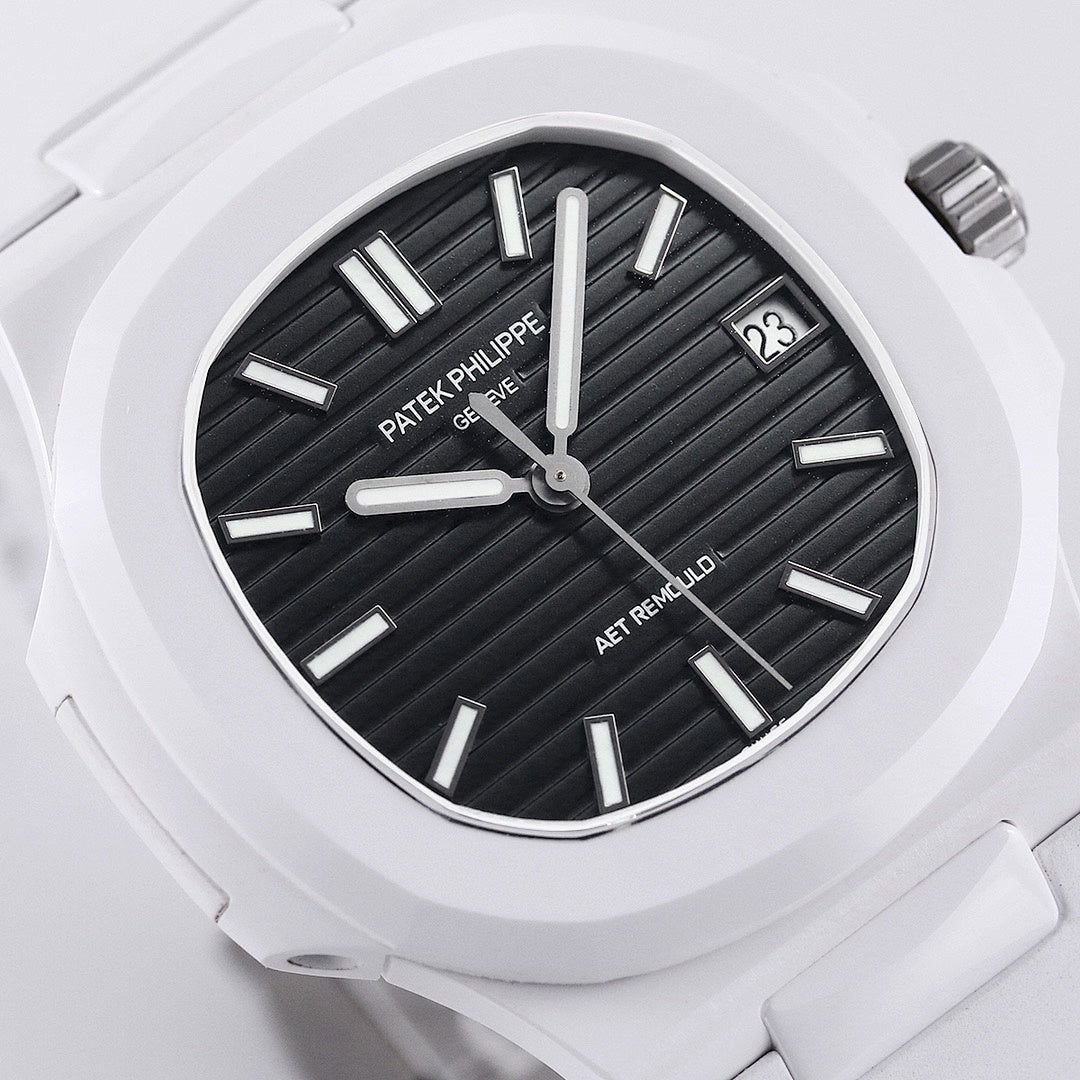 Patek Philippe watch dial close-up, black textured face with baton markers and date.