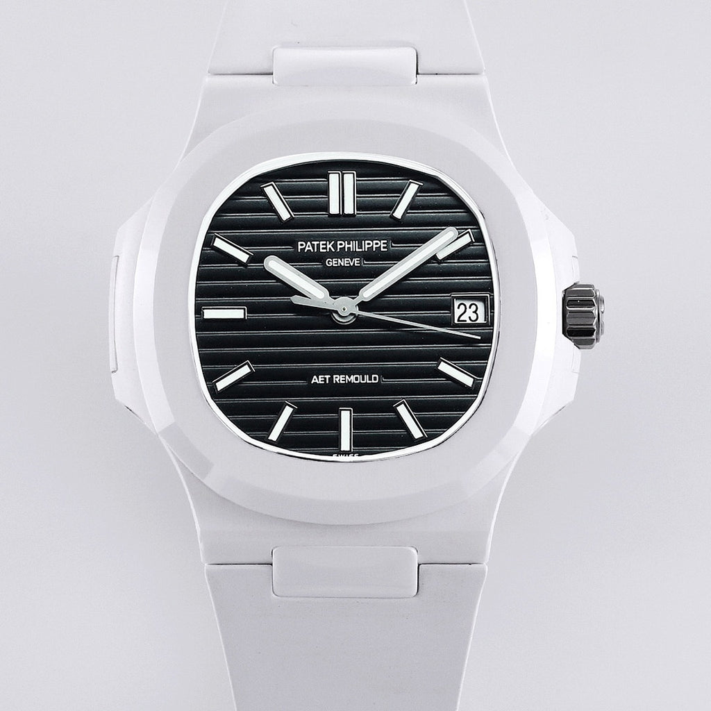 Patek Philippe watch front view, white case, black dial with baton hour markers.
