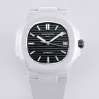 Patek Philippe watch front view, white case, black dial with baton hour markers.