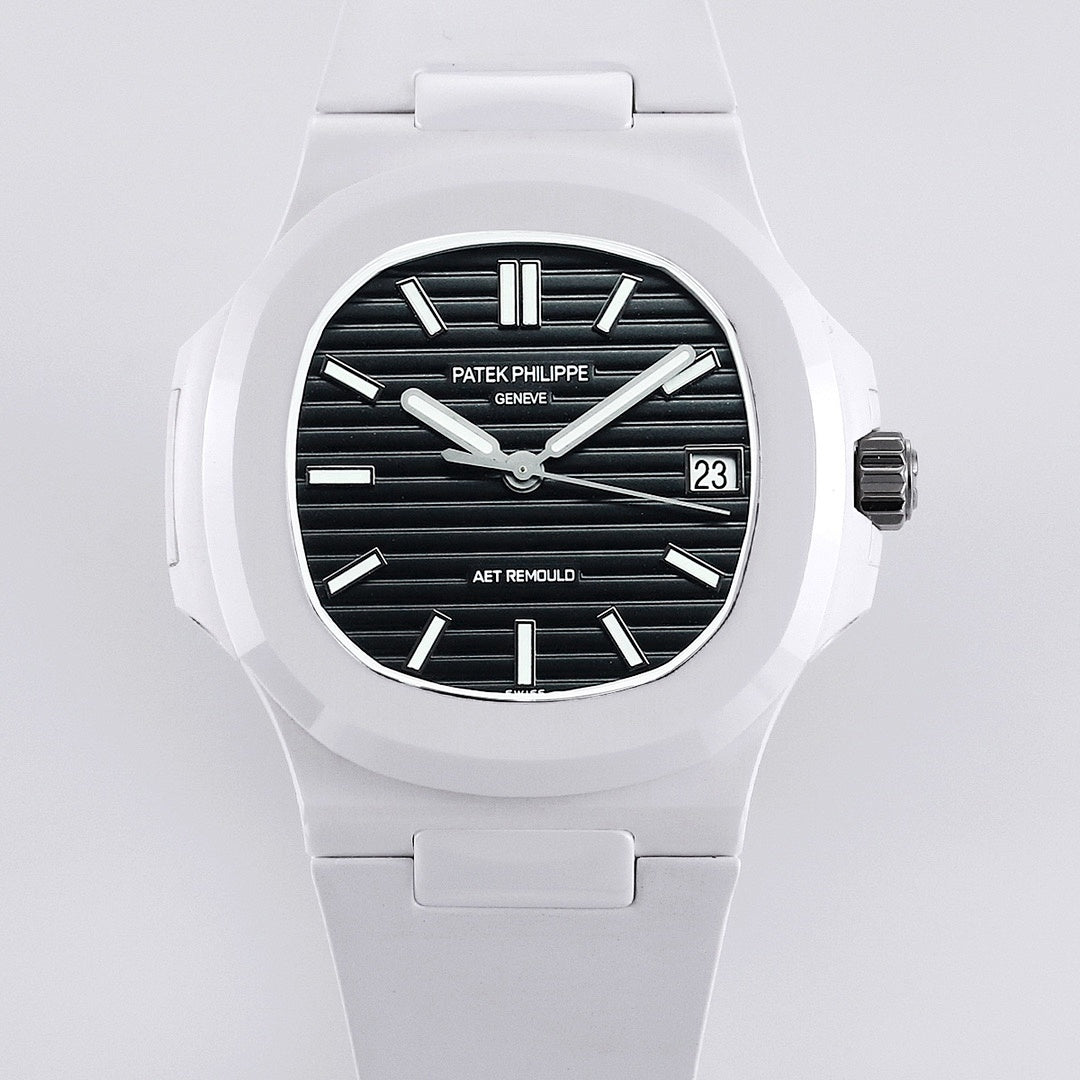 Patek Philippe watch front view, white case, black dial with baton hour markers.