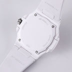 Patek Philippe watch, white case and strap, caseback viewed from above with screws and text