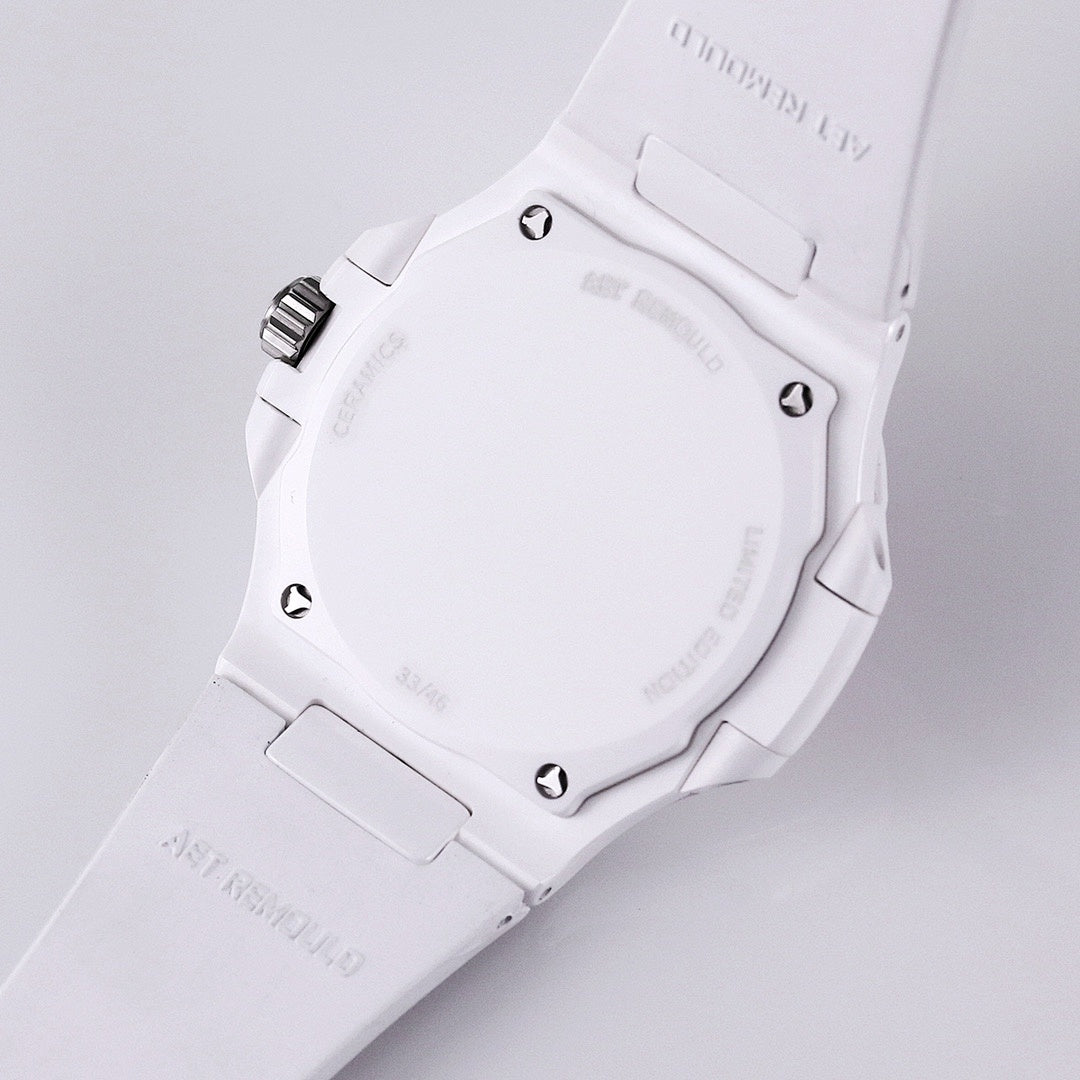 Patek Philippe watch, white case and strap, caseback viewed from above with screws and text