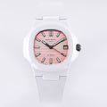 White rubber wristwatch with rose sunburst dial, black markers, date window at 3 o’clock