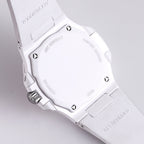 White rubber watch case with metal bezel and visible caseback screws on side