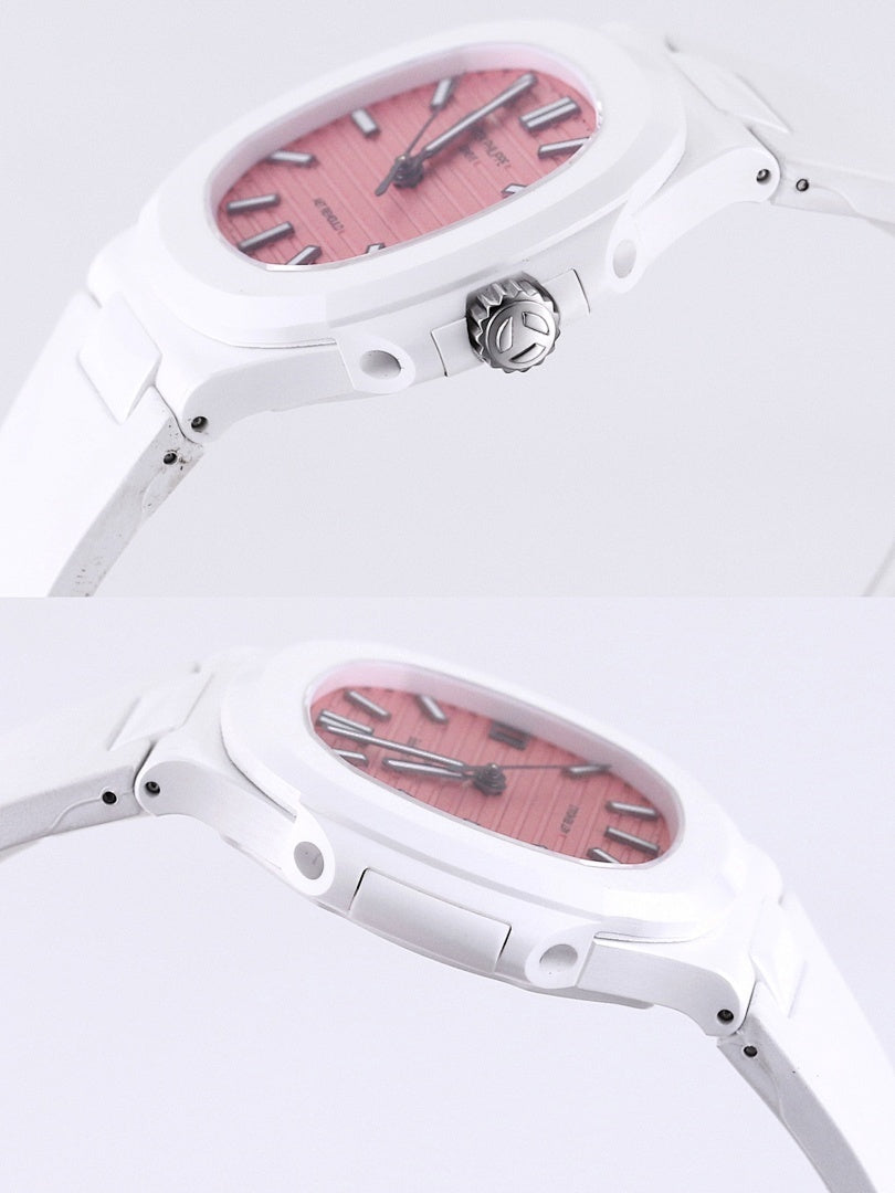 White rubber wristwatch with rose dial, black hands, side profile view