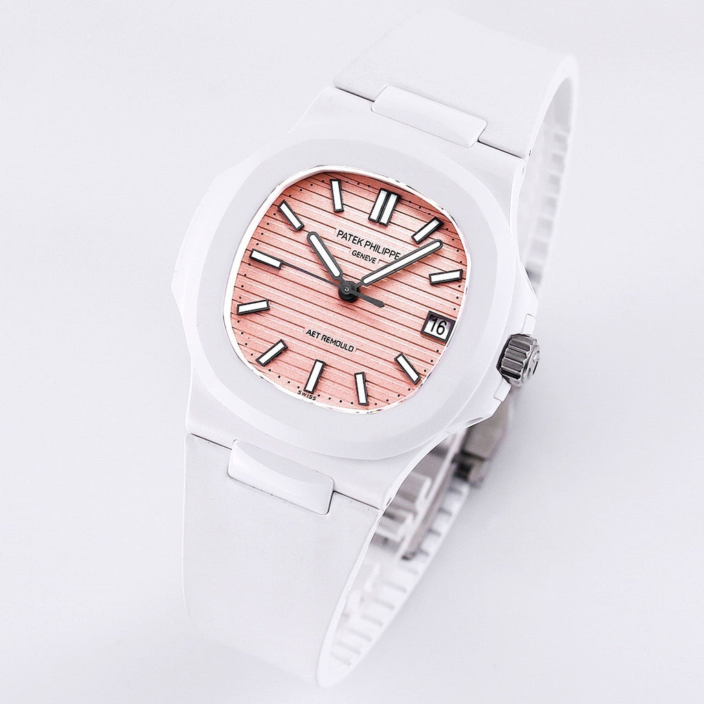 White rubber wristwatch with rose dial, black markers, visible crown and lugs