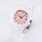 White rubber wristwatch with rose dial, black markers, visible crown and lugs