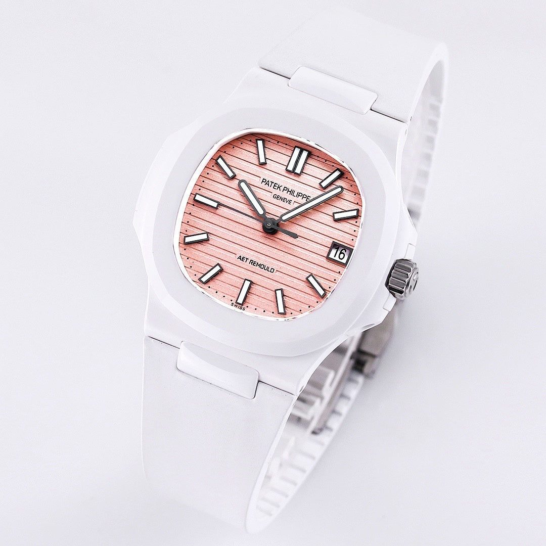 White rubber wristwatch with rose dial, black markers, visible crown and lugs