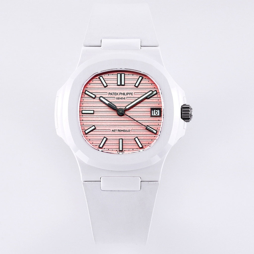 White rubber wristwatch with rose striped dial, black hands, date window at 3 o’clock