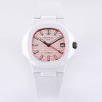 White rubber wristwatch with rose striped dial, black hands, date window at 3 o’clock