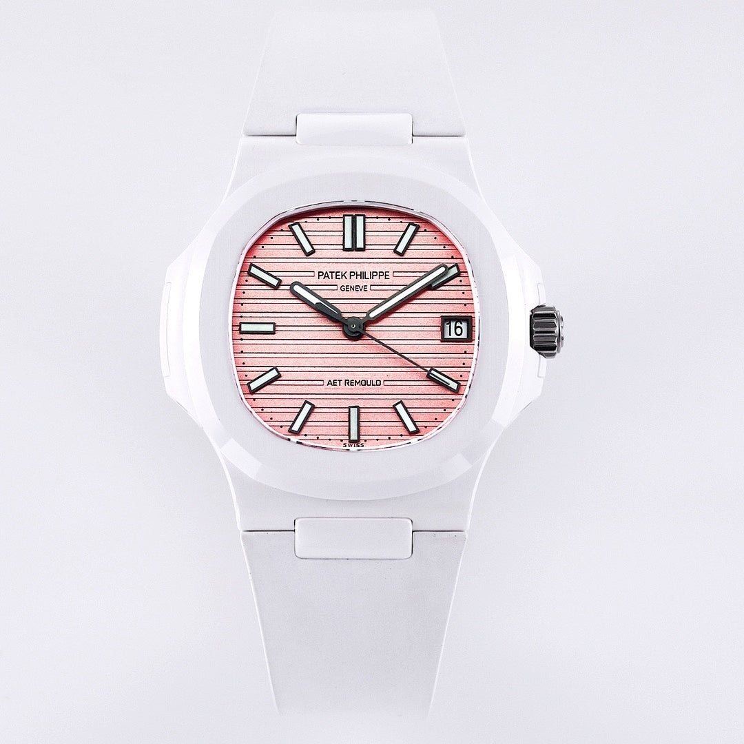 White rubber wristwatch with rose striped dial, black hands, date window at 3 o’clock