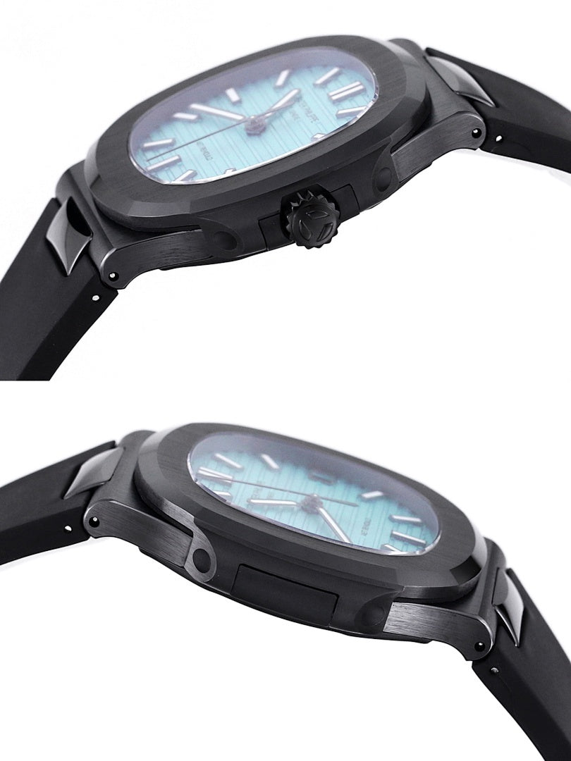 Patek Philippe watch with turquoise dial, black case, and crown at the side.